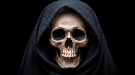 This striking image features a meticulously detailed human skull draped in dark fabric, creating an atmosphere of mystery and intrigue, ideal for artistic and thematic uses.の素材