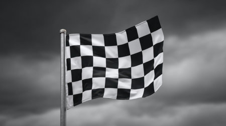 A striking image of a black and white checkered flag fluttering against a dark and stormy sky, symbolizing race, competition, and the thrill of victory in sports.の素材