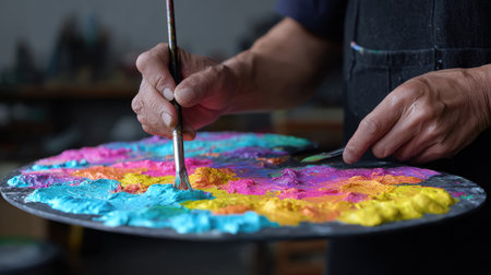 A skilled artist mixes vibrant colors on a palette, illustrating the creative process in a lively studio, emphasizing passion and dedication to craft.の素材