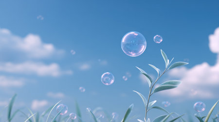 This image captures the delicate beauty of bubbles floating gently above green leaves under a clear blue sky. Ideal for conveying themes of nature and tranquility.の素材