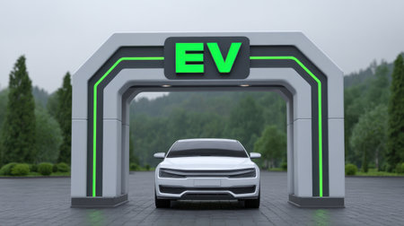 A sleek electric vehicle parked under a modern charging station with a vibrant EV sign, surrounded by lush greenery and a cloudy atmosphere.の素材
