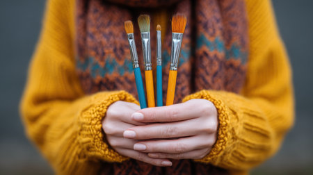 A person showcases a collection of paintbrushes, reflecting creativity and passion for art while wearing a stylish knitted sweater and scarf outdoors.の素材