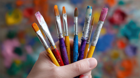 A close-up view of a hand holding an array of colorful paintbrushes, showcasing the essential tools for any artist alongside a vibrant abstract background.の素材