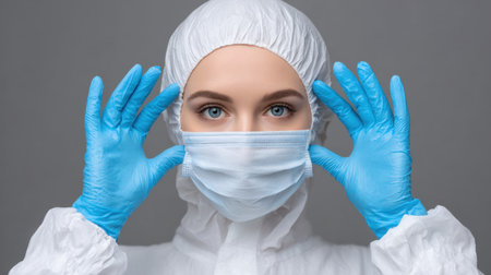A woman in protective clothing is adjusting her surgical mask while exuding confidence in a laboratory setting, emphasizing health and safety measures.の素材
