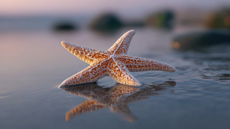 A stunning close-up of a vibrant orange starfish resting on wet sand during sunset, showcasing its unique texture and the tranquil coastal atmosphere.の素材