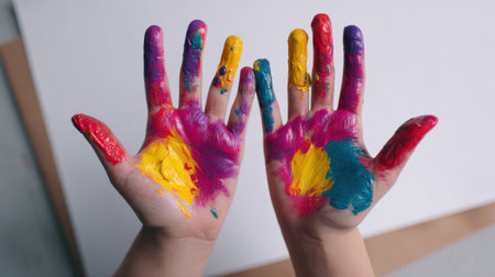 Brightly painted hands of a child showcase vibrant colors and creativity. This image captures the joy of artistic expression and play in childhood.の素材