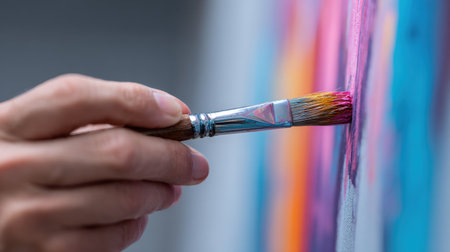 A close-up view of a hand skillfully applying paint to a vibrant canvas. The image captures the essence of creativity, showcasing a blend of colors and artistic expression.の素材