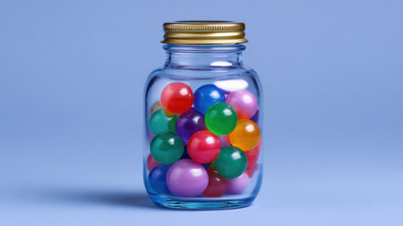 A glass jar filled with vibrant marbles showcases a beautiful array of colors against a soft blue backdrop, perfect for inspiring creativity and nostalgia.の素材
