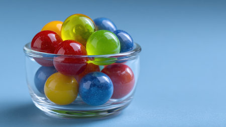 A clear glass bowl filled with vibrant, colorful marbles sits against a smooth blue background, creating a cheerful and playful composition perfect for decor.の素材