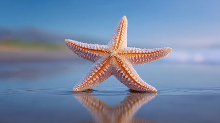 A stunning close-up of a starfish resting on the wet sand by the shore, illuminated by soft sunlight, showcasing nature's beauty and marine diversity.の素材