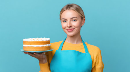A joyful young woman with blonde hair holds a beautifully decorated cake on a turquoise background, showcasing her baking skills and culinary passion.の素材