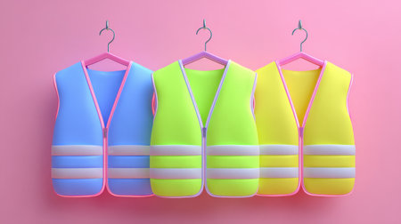 This vibrant image features colorful safety vests hanging on hangers against a bright pink background, emphasizing themes of safety, visibility, and style.の素材