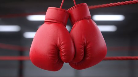 A pair of vibrant red boxing gloves hanging on a rope inside a training facility, symbolizing dedication and readiness for competition in the sport.の素材