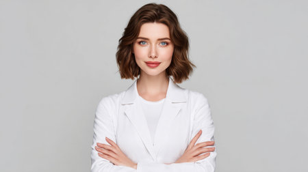 A confident young female professional in a white coat stands with arms crossed, conveying expertise and approachability in a minimalist gray setting.の素材