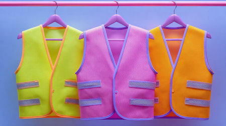 A vibrant display of high-visibility vests in neon colors hanging on a rack. Ideal for showcasing fashion trends in safety wear or casual settings.の素材