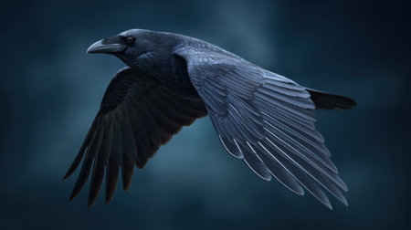 This captivating image features a majestic black raven soaring gracefully through the air, its wings fully extended against a dark and mysterious backdrop.の素材
