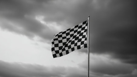 A striking black and white checkered racing flag flutters against a dramatic cloudy sky, capturing the essence of competition and motion in a stunning monochrome aesthetic.の素材