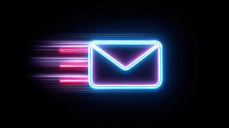 This vibrant neon envelope icon illustrates the concept of fast communication and digital messaging with a sleek motion effect on a dark backdrop.の素材