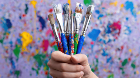 A hand holds an array of vibrant paintbrushes against a colorful abstract paint splatter background, showcasing the essence of creativity and artistic expression.の素材