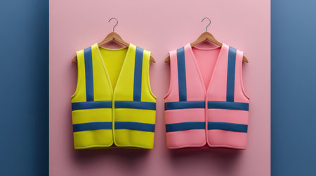 This image showcases two vibrant safety vests, one yellow and one pink, displayed on hangers against a colorful background. Ideal for workwear or fashion themes.の素材