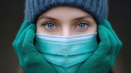 A close-up portrait of a young woman with striking blue eyes wearing a mask and winter gloves, exuding calmness and readiness for cold weather.の素材