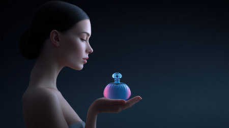 A stunning portrait of a woman elegantly holding a blue and pink perfume bottle. The dark background adds a sense of serenity and artistic flair to the composition.の素材