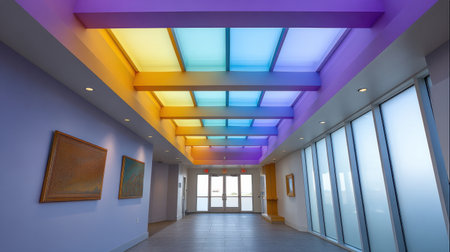 This image showcases a modern interior space featuring a colorful ceiling design with vibrant lights. The contemporary architecture enhances the aesthetic.の素材
