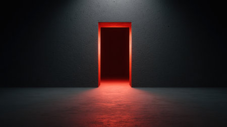This striking image features a mysterious red door standing against a dark wall, creating an atmospheric scene. The illumination invites curiosity and exploration.の素材