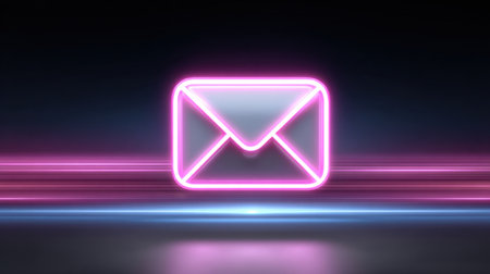 This vibrant neon email icon features a glowing outline against an abstract background with colorful light trails, perfect for digital communication themes.の素材
