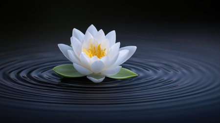 This beautiful image features a single white water lily gracefully floating atop dark water, surrounded by gentle ripples. Its radiant petals and vibrant yellow center create a peaceful and serene atmosphere, perfect for nature lovers.の素材