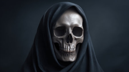 A striking image of a realistic skull draped in a black cloak, set against a dark background, perfect for Halloween, gothic themes, or artistic projects.の素材