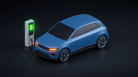 A digital rendering of a blue electric car model paired with a charging station, emphasizing innovation and sustainability in modern transportation.の素材