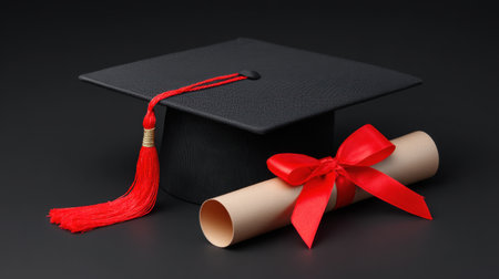 This image showcases a classic black graduation cap adorned with a vibrant red tassel, paired with a diploma rolled and tied with a striking red ribbon, symbolizing achievement and success in education.の素材