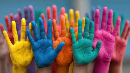 A vibrant display of painted hands raised together captures the essence of creativity and unity in a community art project. Each hand showcases bright colors.の素材