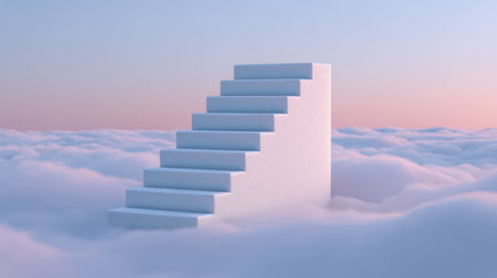 A stunning white staircase rises gracefully through soft clouds beneath a pastel sky at dusk, capturing a dreamy and surreal atmosphere perfect for various creative projects.の素材
