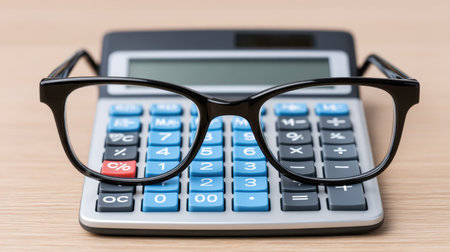 Close-up image of black eyeglasses resting on a modern calculator, symbolizing office tasks, finance, and smart organization in daily life.の素材