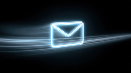 A neon glowing envelope icon against a dark background, featuring smooth light trails that symbolize digital communication and modern technology.の素材