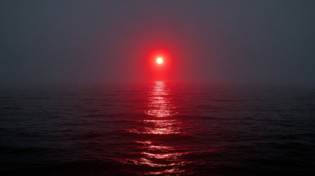 A captivating scene of a red sun setting over calm ocean waters, shrouded in fog. This atmospheric image evokes a sense of mystery and tranquility.の素材