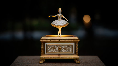 This exquisite ballerina figurine atop a music box showcases intricate detailing and golden accents, perfect for enhancing decor or as a thoughtful gift.の素材