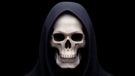 This captivating image features a realistic human skull draped in a dark hooded cloak against a black background, perfect for Halloween or Gothic projects.の素材