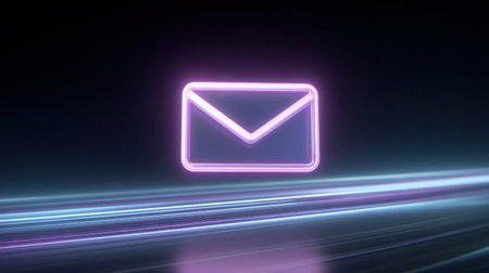 A captivating neon email icon illuminated with vibrant lights against a dark background. Ideal for concepts related to digital communication and technology.の素材