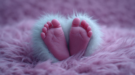 A close-up capture of tiny newborn baby feet nestled in soft white fur against a plush pink background, evoking feelings of warmth and joy.の素材