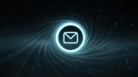 This digital illustration features a glowing email icon set against a dark, swirling background. It symbolizes communication in a modern, abstract style.の素材