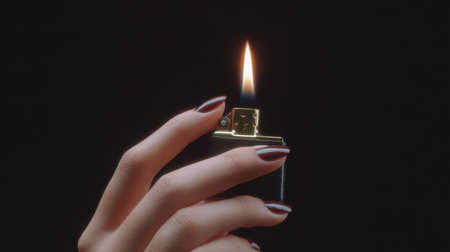 A close-up of an elegant hand holding a classic lighter with a vibrant flame against a dark background. The contrast highlights beauty and warmth.の素材