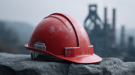 A vibrant red safety helmet rests on a stone surface, representing construction and worker safety within an industrial landscape, highlighting the importance of protection.の素材