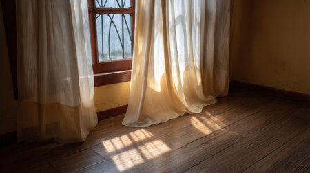 A serene indoor scene featuring soft morning light streaming through sheer curtains by a wooden floor, creating beautiful shadows and a tranquil ambiance.の素材