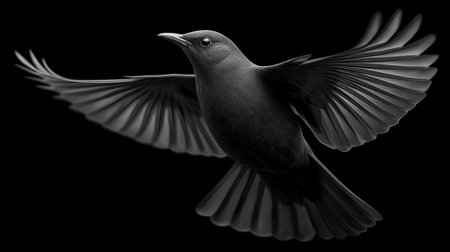 An enchanting black bird soars gracefully through the air, showcasing its impressive wingspan in stunning detail against a dark backdrop. The image captures the essence of freedom and elegance, making it perfect for wildlife enthusiasts and nature lovers.の素材