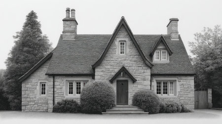 This charming stone cottage features classic architecture and is surrounded by lush greenery, creating a serene and picturesque setting perfect for nature lovers.の素材