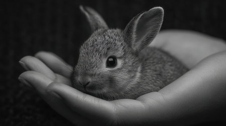 This serene black and white image captures a young rabbit resting comfortably in a gentle human hand, showcasing warmth and affection.の素材