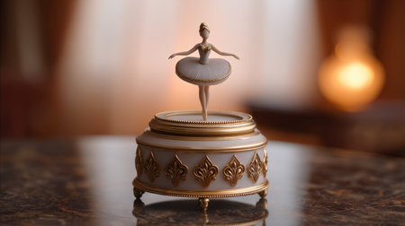A beautifully crafted ballerina figurine gracefully spins atop an exquisite musical box. Soft ambient lighting enhances the luxurious background, creating a nostalgic and elegant atmosphere perfect for home decor.の素材